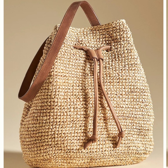 Faherty Handbags - Faherty Raffia Drawstring Shoulder Bag Natural Straw Tote with Beige Lining